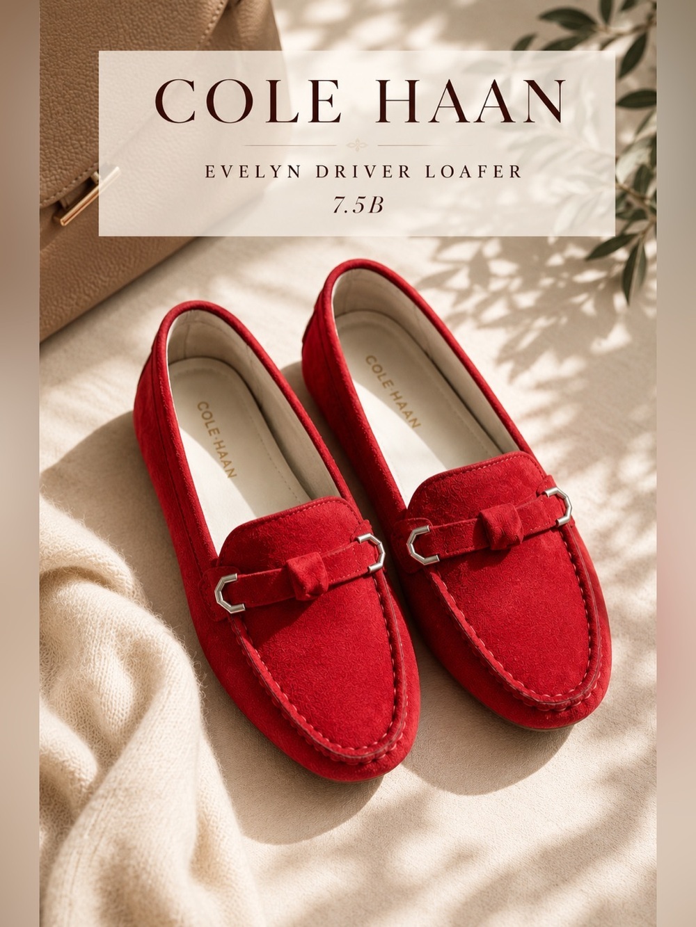 Cole Haan Evelyn Bow Driver Loafers Red Suede Size 7.5B